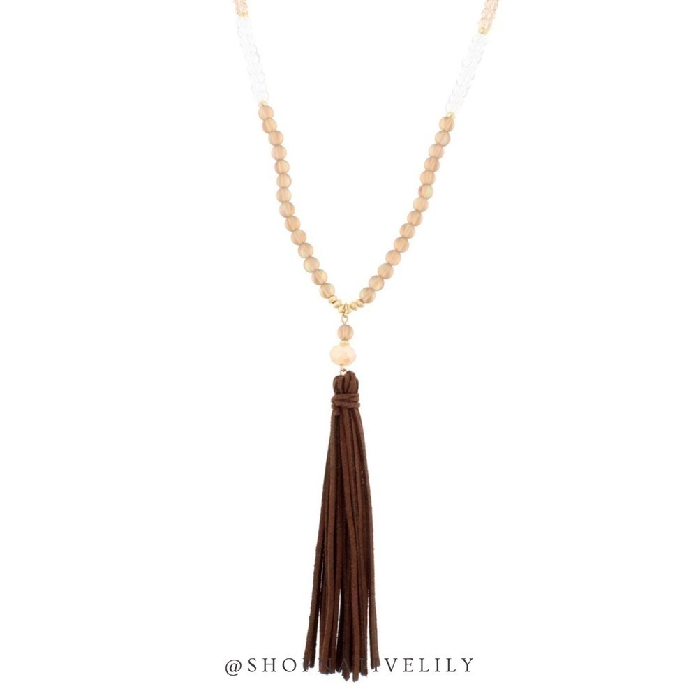 Jane Marie Beaded Tassel Necklace Opalized Moonstone Champagne Brown Long NWT